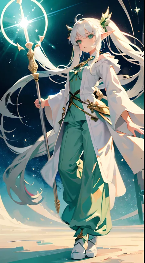 {{{masterpiece}}}, {{{best quality}}}, {{ultra-detailed}}, {illustration}, {{an extremely delicate and beautiful}},(1girl), white hair, green eyes,shiny skin,expressionless,(robe),staff,((long twin tail)), elf,fantasy,((pants)),boots