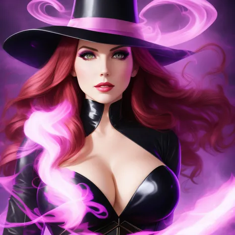 close up, Amouranth as Zatanna из DC Comics, epic villainess, witch, goddess, looking at viewer, Ghost, Dark, Ultra Detailed, pink transparent smoke swirls around her, real, high detail, best quality