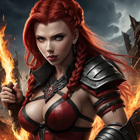 Berserker, barbarian woman(Scarlet Johansson),  Arte de Fantasia, of his gaze alone enemies beginning to panic, one head, devilish smile, besta do inferno, demonio, White Fire Sky, guerreira, com foice e escudo, Linda, Mulheres, Werelion, Long red braided ...