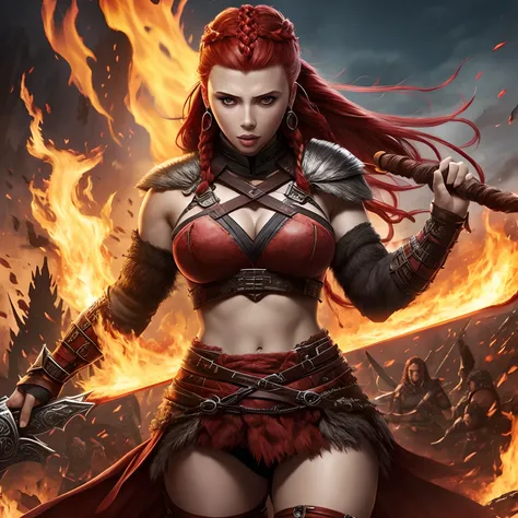 Berserker, barbarian woman(Scarlet Johansson),  Arte de Fantasia, of his gaze alone enemies beginning to panic, one head, devilish smile, besta do inferno, demonio, White Fire Sky, guerreira, com foice e escudo, Linda, Mulheres, Werelion, Long red braided ...