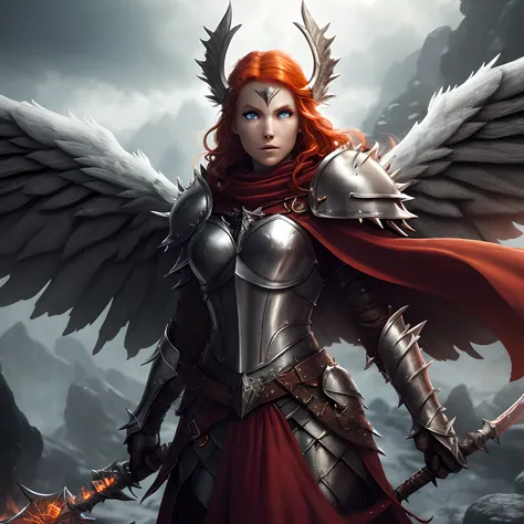 (very detailed 8k wallpaper), (soulsborne), game art, norse mythology, a female warrior floating in the air (big wings), (helmet covering face), pretty face, long red hair (detailed skin texture : 1.2), messy hair, huge red cape, full body, background is V...