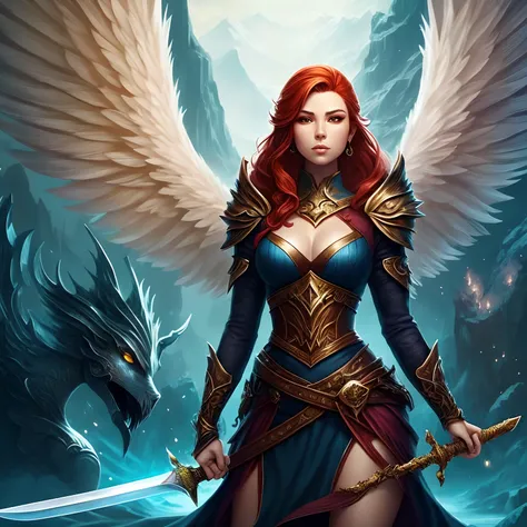 A woman with a sword and wings standing in front of a mountain, menina do cavaleiro do anjo, as a mystical valkyrie, Artgerm , epic fantasy character art, arte de fantasia de alta qualidade, Epic Fantasy Digital Art Style, arte do personagem de fantasia, f...