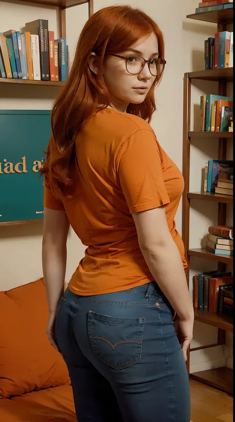 A 25 year old woman with vibrant orange hair, glasses, slightly chubby with wide hips and a big butt. She is short. She is wearing jeans and a loose fitting red t-shirt and is standing in front of a collection of books on a bookshelf in her room. She seems...