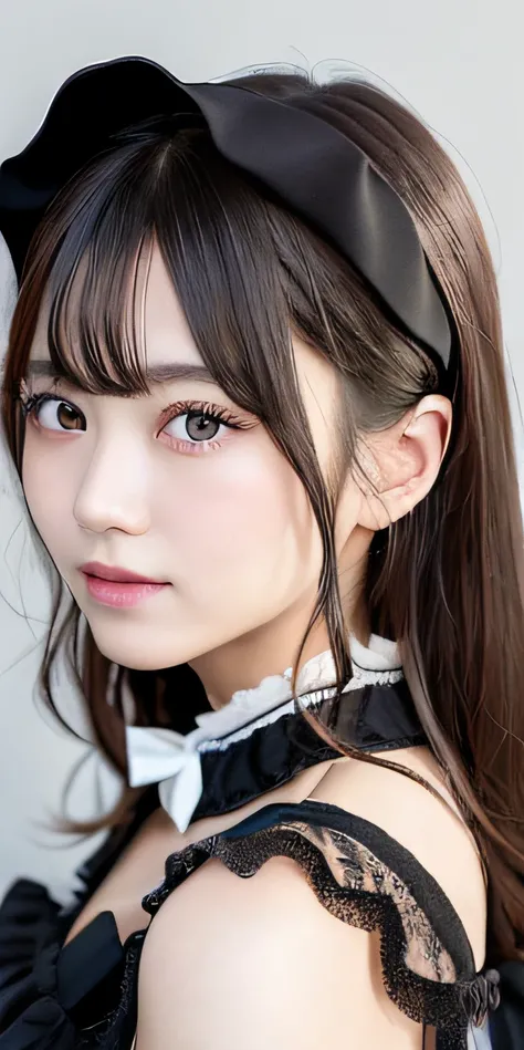 1girl, japanese woman, 1 Nogizaka Musume, Very cute, beautiful girl, age19, (Gothic Lolita Fashion), Looking at Viewer, Beautiful face, eyes and skin with exquisite detail, Fine black shiny hair, Classy ruffles, frilled tie, Ribbon tie, rose hair accessory...