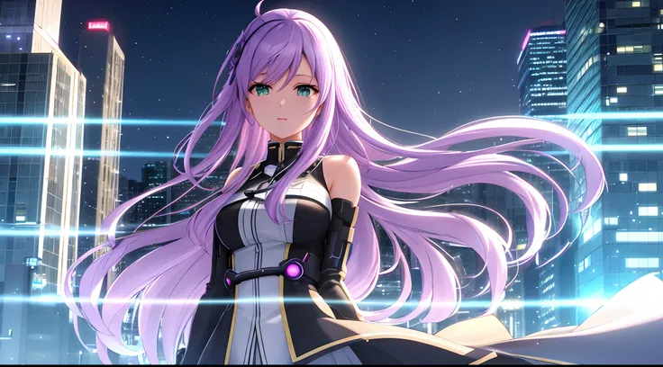 Athena with plain long light purple hair,hair between eyes,green eyes,rosy cheeks,full lips,thin eyebrows,slender body,wearing black coat suit and full long skirt,cute anime girl,full body,futuristic city streets in background,anime style,extremely deep de...