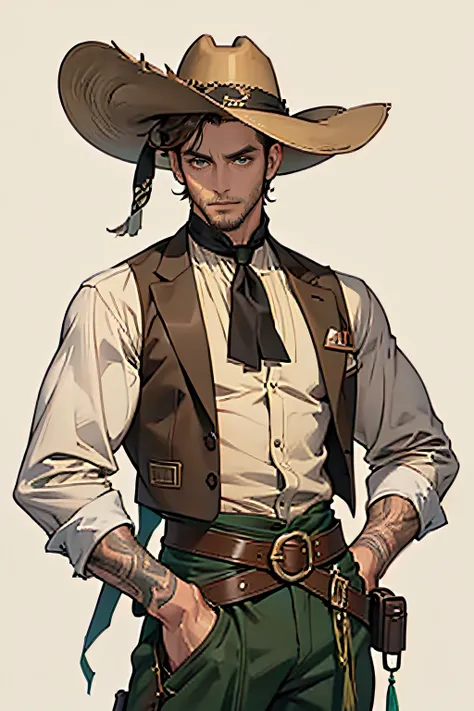 "Wild West outlaw; 1890s" + "male" + "511" tall in height + "white Collar Overshirt under a brown, unbuttoned vest, tucked into green trousers; looks like a hunter" + "gun-belt with double gun-holster hanging around waist" + "satchel slung over torso" + "[...