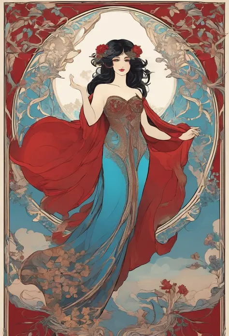 Pale-skinned woman, black hair, bob haircut, blue eyes, red lips, red dress, boots, in the style of Alphonse Mucha