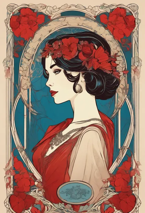 Pale-skinned woman, black hair, bob haircut, blue eyes, red lips, red dress, boots, in the style of Alphonse Mucha