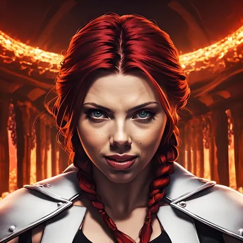 Berserker, barbarian woman(Scarlet Johansson),  Arte de Fantasia, of his gaze alone enemies beginning to panic, one head, devilish smile, besta do inferno, demonio, White Fire Sky, guerreira, com foice e escudo, Linda, Mulheres, Werelion, Long red braided ...