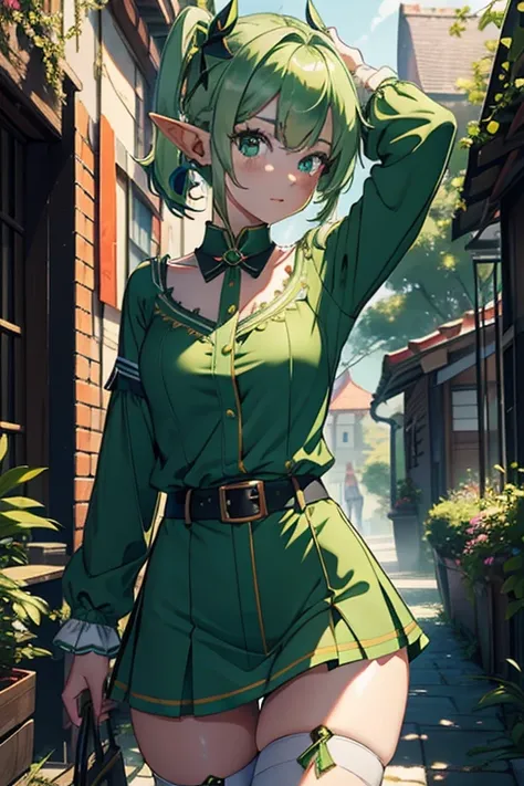 ultra realista 8k CG, master part, 1girl, green hair, cute face, elf outfit,