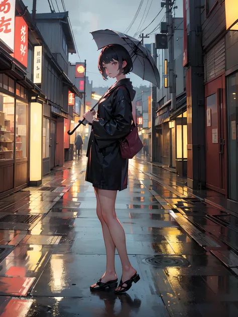 girl, short hair, lawson background, full body, holding a umbrella, waiting, rain, night, wide angle, japan, mood tone