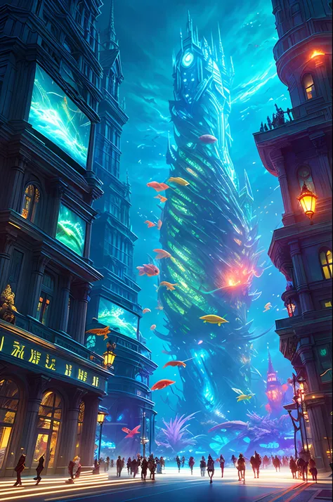 Fantasy concept art, Transparent building as a huge aquarium with fish at night, Beautiful light decoration, wide-angle lens, 8k octane rendered, Realistic, Epic shots, Movie Lighting, Detailed architecture, Detailed fish, Brilliant and colorful