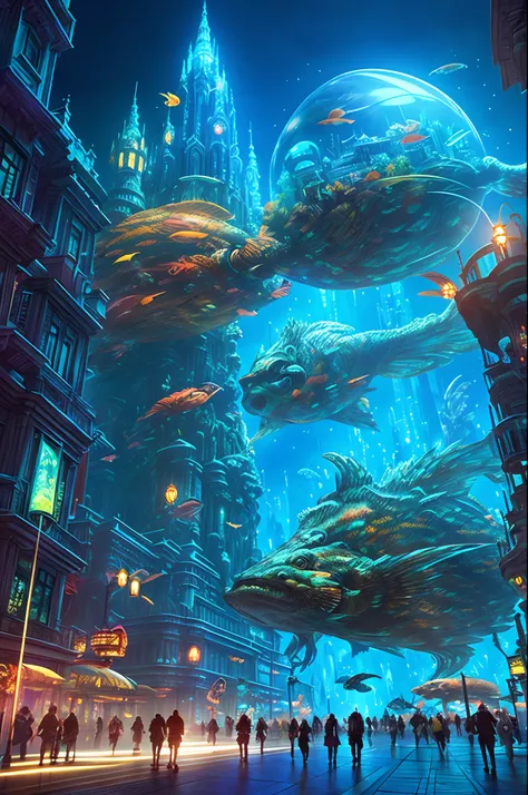 Fantasy concept art, Transparent building as a huge aquarium with fish at night, Beautiful light decoration, wide-angle lens, 8k octane rendered, Realistic, Epic shots, Movie Lighting, Detailed architecture, Detailed fish, Brilliant and colorful