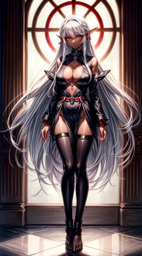 full body standing symmetrical barefeet ((black skin elf girl))), (((red ruby eyes))), (((long white hair))), (((breasts:1.2))), (((solo))), shackles on legs and arms together