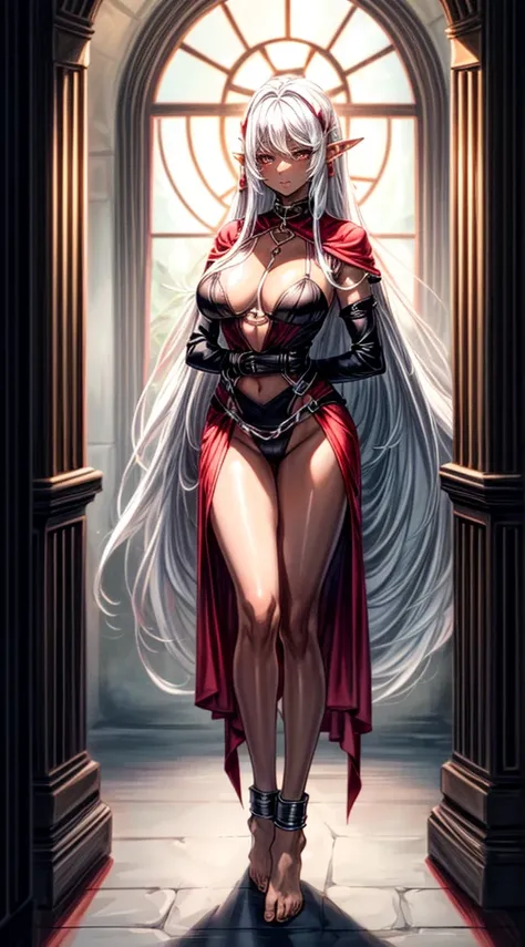 full body standing symmetrical barefeet ((black skin elf girl))), (((red ruby eyes))), (((long white hair))), (((breasts:1.2))), (((solo))), shackles on legs and arms together