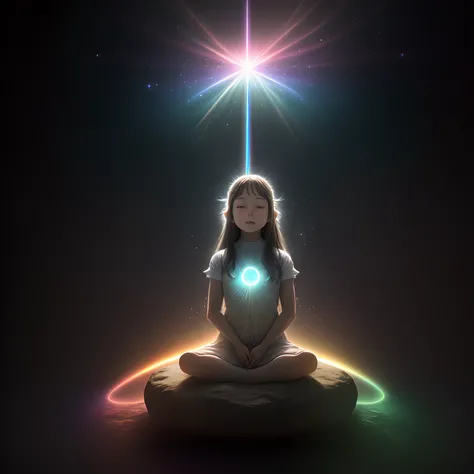 ultra realistic sitting meditation girl attained enlightenment , pillar of light, glowing rainbow aura, with interstellar background and lot of miraculous light aura, super realistic photo, ultra detail micro expression