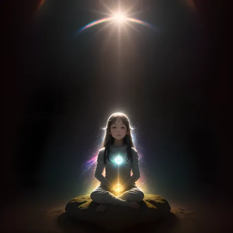 ultra realistic sitting meditation girl attained enlightenment , pillar of light, glowing rainbow aura, with interstellar background and lot of miraculous light aura, super realistic photo, ultra detail micro expression