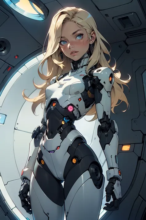 high quality, 4k, masterpiece, beautiful, cyborg girl, cowboy shot, dull eyes, looking at viewer, long blonde hair, girl, small breasts, fit thigh, robotic arms, robotic body, cyborg body, intricate detail, joint, detailed lines, robotic detail, holding fi...