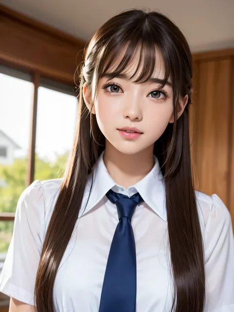 portlate、School Uniforms、bright expression、half updo　、A 24-year-old girl、Young shiny shiny white shiny skin、Best Looks、Natural brown hair with dazzling highlights、shiny light hair,、Super long silky straight hair、Beautiful bangs that shine、Blunt bangs、Glowi...