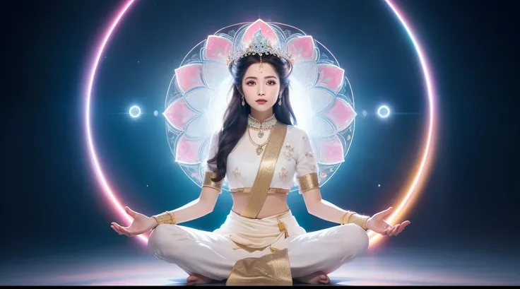 there is a beautiful goddess in the void meditating cross-legged on a large lotus flower，perfect body posture，a meditative，long ...