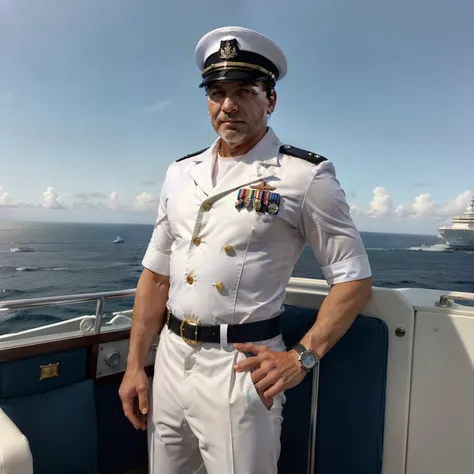 A bordo de um grande navio de cruzeiro, surrounded by azure waters, We find the commanding presence of a captain of approximately fifty years of age, friendly and charismatic. assemelhando-se a um comandante experiente, he stands prominently in the foregro...