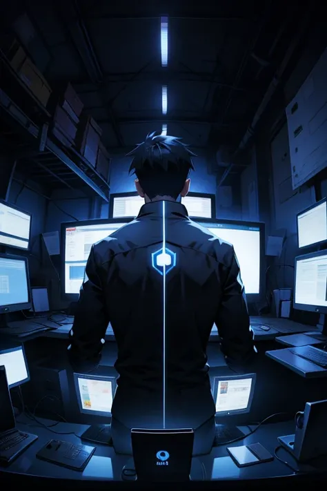 Hacker man,backs,illustratio,Multiple monitors，Dark indoor，solo person，