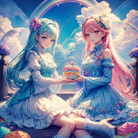 flower hair ornaments,{{turquoise dress}}, gray shadow dress,wide sleeves,floral print sleeves,Gothic lolita,white skirt,layered skirt,white sleeves，(braided boots)，(Wonderland, Fantasy,:1.3),(Rainbow,flower tree,sweets Clouds:1.5),(yumekawa,yumekawaii,pas...