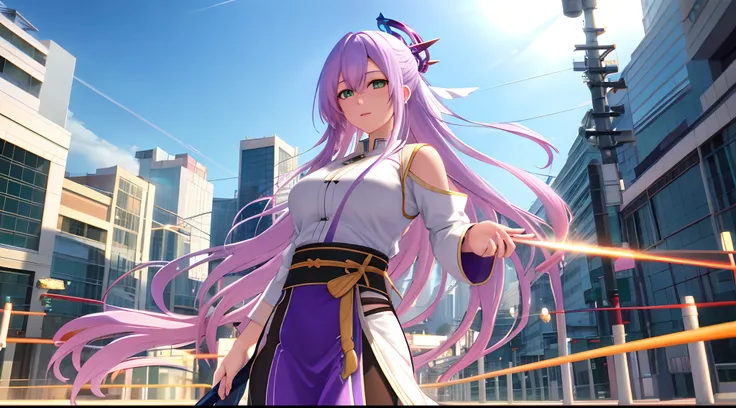 Athena with plain long light purple hair,hair between eyes,green eyes,rosy cheeks,full lips,thin eyebrows,slender body,wearing martial arts son-goku cloth and full long skirt,cute anime girl,full body,futuristic city streets in background,anime style,extre...