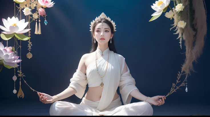 there is a beautiful goddess in the void meditating cross-legged on a large lotus flower，perfect body posture，a meditative，long ...