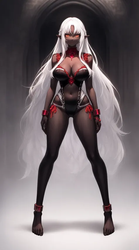 full body standing symmetrical barefeet ((black skin elf girl))), (((red ruby eyes))), (((long white hair))), (((breasts:1.2))), (((solo))), shackles on legs and arms together