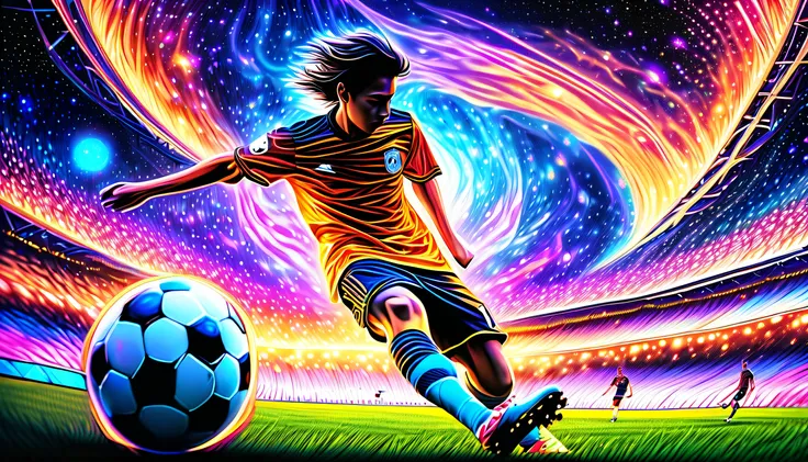 (Play soccer intricate detail in the universe soccer ground illustration:1.3))), cinematic angle, (holographic style illusion of intricate detail:1.2), stunning fiber optic light painting and alcohol ink masterpiece, dark fantasy and flame harmony, exudes ...