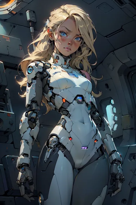 high quality, 4k, masterpiece, beautiful, cyborg girl, cowboy shot, dull eyes, looking at viewer, long blonde hair, girl, small breasts, fit thigh, robotic arms, robotic body, cyborg body, intricate detail, joint, detailed lines, robotic detail, holding fi...