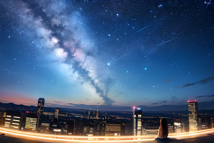 octane, sky, star (sky), landscape, starry sky, night, only child, night sky, solo, outdoor, signature, building, clouds, milky way, sitting, tree, long hair, city, silhouette, cityscape