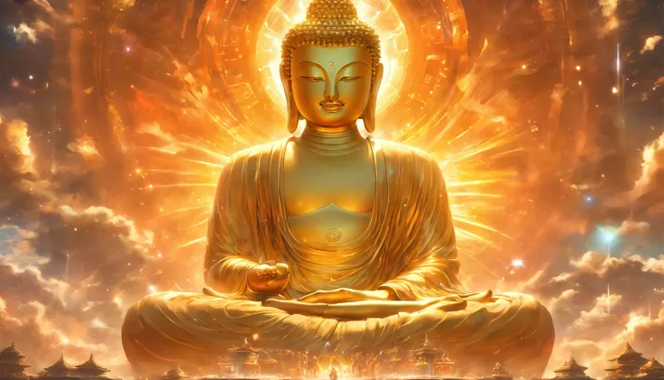 Interstellar，Endless space，The huge Maitreya Buddha statue rushed towards the huge space-time tunnel，Highly detailed portrait of a huge golden Buddha with the halo of the sun god，ssee-through，depth of fields，((Masterpiece))，(Best quality))，Magnificent spac...