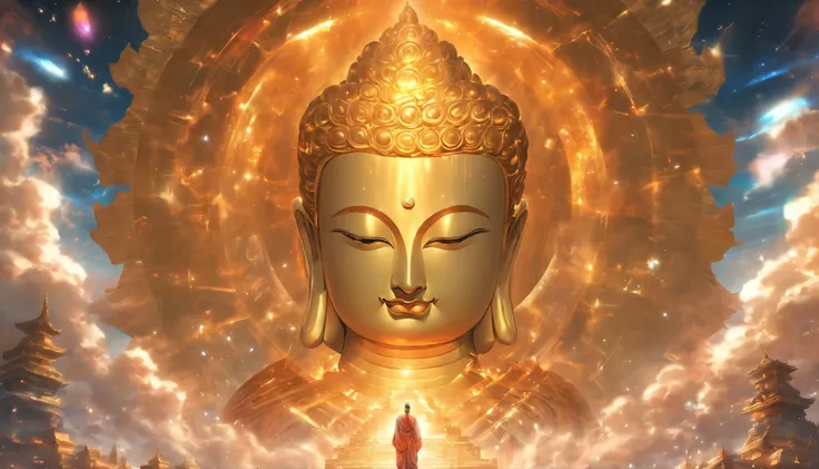 Interstellar，Endless space，The huge Maitreya Buddha statue rushed towards the huge space-time tunnel，Highly detailed portrait of a huge golden Buddha with the halo of the sun god，ssee-through，depth of fields，((Masterpiece))，(Best quality))，Magnificent spac...