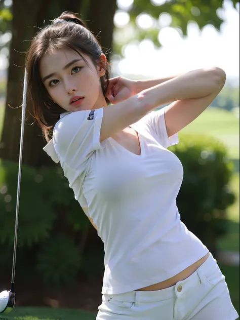 1girl solo, beautiful, (8K, Raw photo, Best Quality:1.2), (Realistic, Photorealsitic:1.37), Ultra-detailed, professional golf player, pale white skin, shiny skin, wet skin, pony tail hair, big boobs, deep cleavage, nipple poke, booty, deep camel toe, long ...