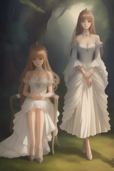 A extremely normal looking  girl sitting back to back with a extravagant looking princess in an anime art style