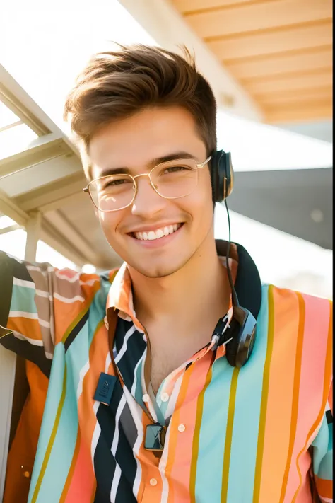 smiling man with glasses and a tie wearing headphones, with a beautifull smile, he is smiling, with accurate face, smiling sweetly, chilled out smirk on face, slight cute smile, cute slightly nerdy smile, cute young man, portait photo profile picture, high...