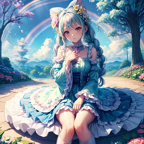 1girl in,Solo,flower hair ornaments,{{Turquoise dress}}, Gray Shadow Dress,Wide sleeves,Floral Print Sleeve,Gothic lolita,White skirt,frilld,layered skirts,White sleeves，(braided boots)，Full body,(Wonderland, Fantasy,:1.3),(rainbow,flower tree,sweets Cloud...