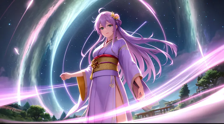 Athena with plain long light purple hair,hair between eyes,green eyes,rosy cheeks,full lips,thin eyebrows,slender body,wearing cosmic kimono and full long skirt,cute anime girl,full body,greek Acropolis waterfalls in background,anime style,extremely deep d...