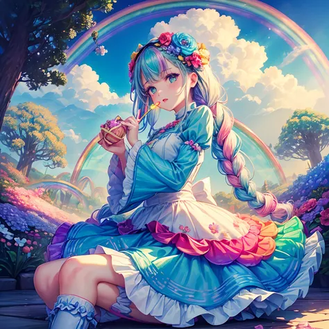 1girl in,Solo,flower hair ornaments,{{Turquoise dress}}, Gray Shadow Dress,Wide sleeves,Floral Print Sleeve,Gothic lolita,White skirt,frilld,layered skirts,White sleeves，(braided boots)，Full body,(Wonderland, Fantasy,:1.3),(rainbow,flower tree,sweets Cloud...