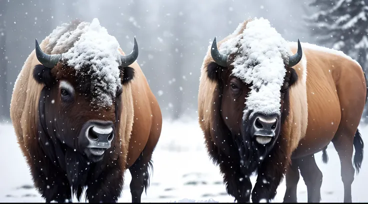 Create a high-quality image of majestic bison covered in glistening snow, using a vibrant color palette and deep, stunning contrast