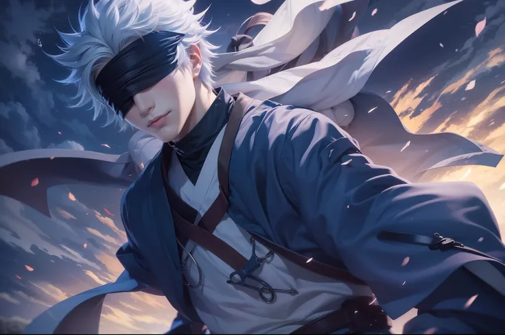 1male, goju satoru, anime style, dark blue clothes, dark blue blindfold, white hairs, epic background, 8k resolution, extremely ...