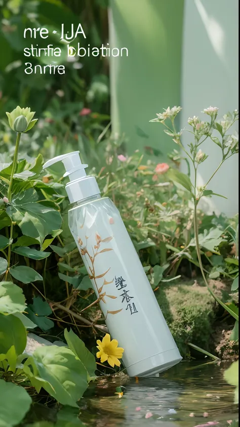 Close-up of a bottle of water，Flowers in the background, Inspired by Xiao Yuncong, synthetic bio skin, 8K -- height 768, Product photography 4 K, 千 葉 雄 大, photoshoot for skincare brand, 8K, 8 k, by Yang J, 4 ), su fu, 6k