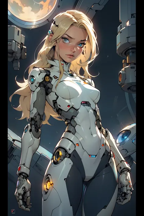 high quality, 4k, masterpiece, beautiful, cyborg girl, cowboy shot, dull eyes, looking at viewer, long blonde hair, girl, small breasts, fit thigh, robotic arms, robotic body, cyborg body, intricate detail, joint, detailed lines, robotic detail, holding fi...