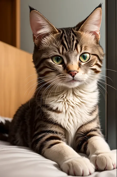 A beautiful short cat is lying on the bed and looking at you with wide eyes