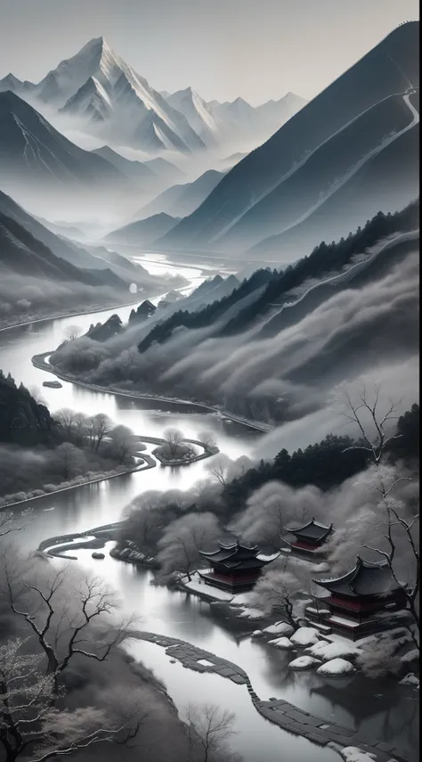 A serene Chinese landscape painting of majestic mountains and meandering rivers, capturing the harmonious beauty of nature. Created in the style of delicate ink wash painting, with intricate brushstrokes and a monochromatic palette. The artwork evokes the ...