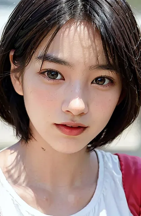 hyperrealistic illustrations、High resolution 8K、With highly detailed illustrations、A masterpiece characterized by beautiful detailed eyes。Perfect as wallpaper、Features a detailed face。The figure is drooping and sweating a little.、It is a short-haired Japan...