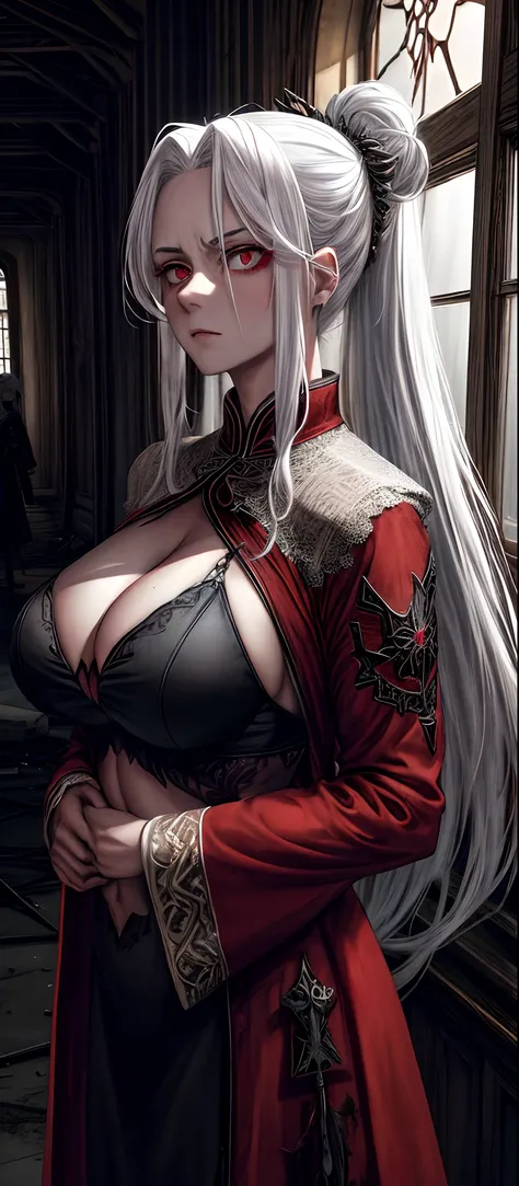 1female, White hair, Red eyes, (woman，Royal Sister_Shot:1.2), breasts focus, Long hair, side locks,Dangerous expressions，Extreme panic，Chest close-up front，After being violated ，Scared,(terrified:1.1) expression, Place one hand behind your back, Atmospheri...