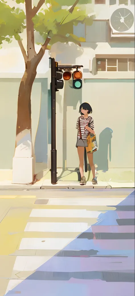 8K，High quality！！Detail enhancement！！Highest image quality！！！There was a girl standing on the sidewalk waiting for a green light, in a city street, Praise Artstyle, lofi-girl, standing on street corner, lofi, standing on a city street, lo-fi illustration s...